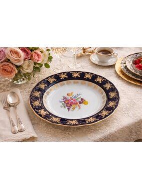 VTG Y2K A.I Czech Republic Porcelain Soup Bowl Floral Cobalt Blue Multiple